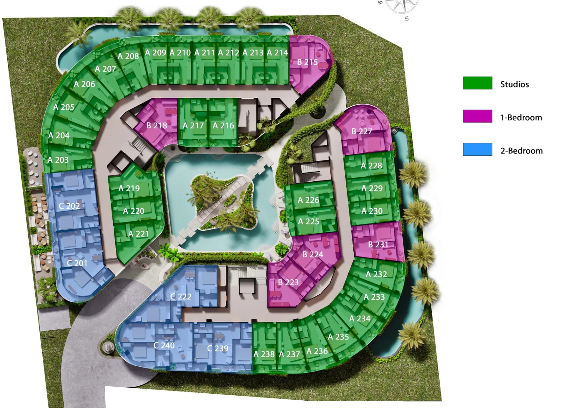 Regelgeschoss der Etagen 2–7 mit allen 40 Wohnungsnummern um den Innenhofpool (Studios grün, Wohnungen mit einem Schlafzimmer magenta, mit zwei Schlafzimmern blau)