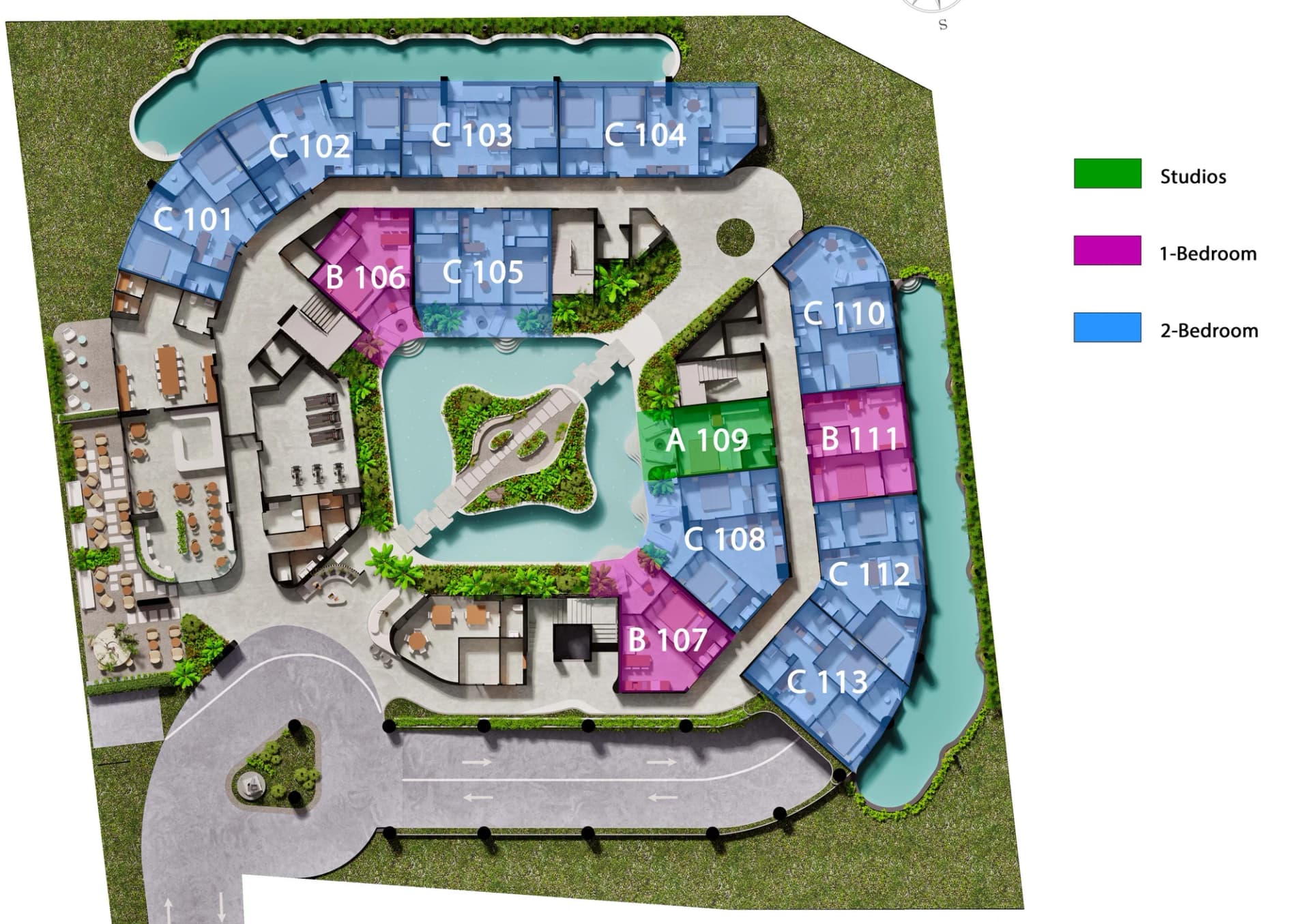 Ground floor plate: 13 pool-access apartments along the perimeter and courtyard pools, lobby, café and gym