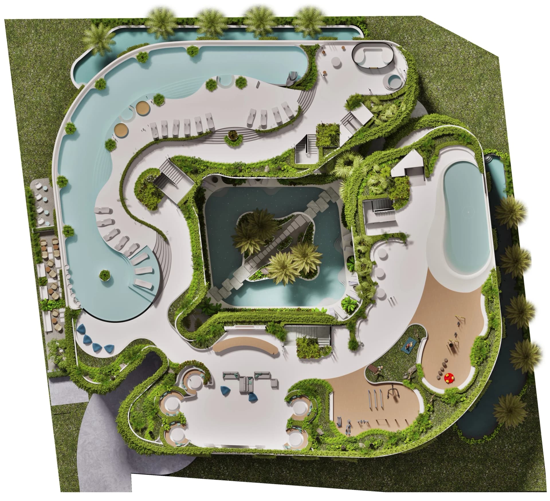 Rooftop plan: the long curved infinity pool, pool decks, the open courtyard void, play area and lounge pavilions