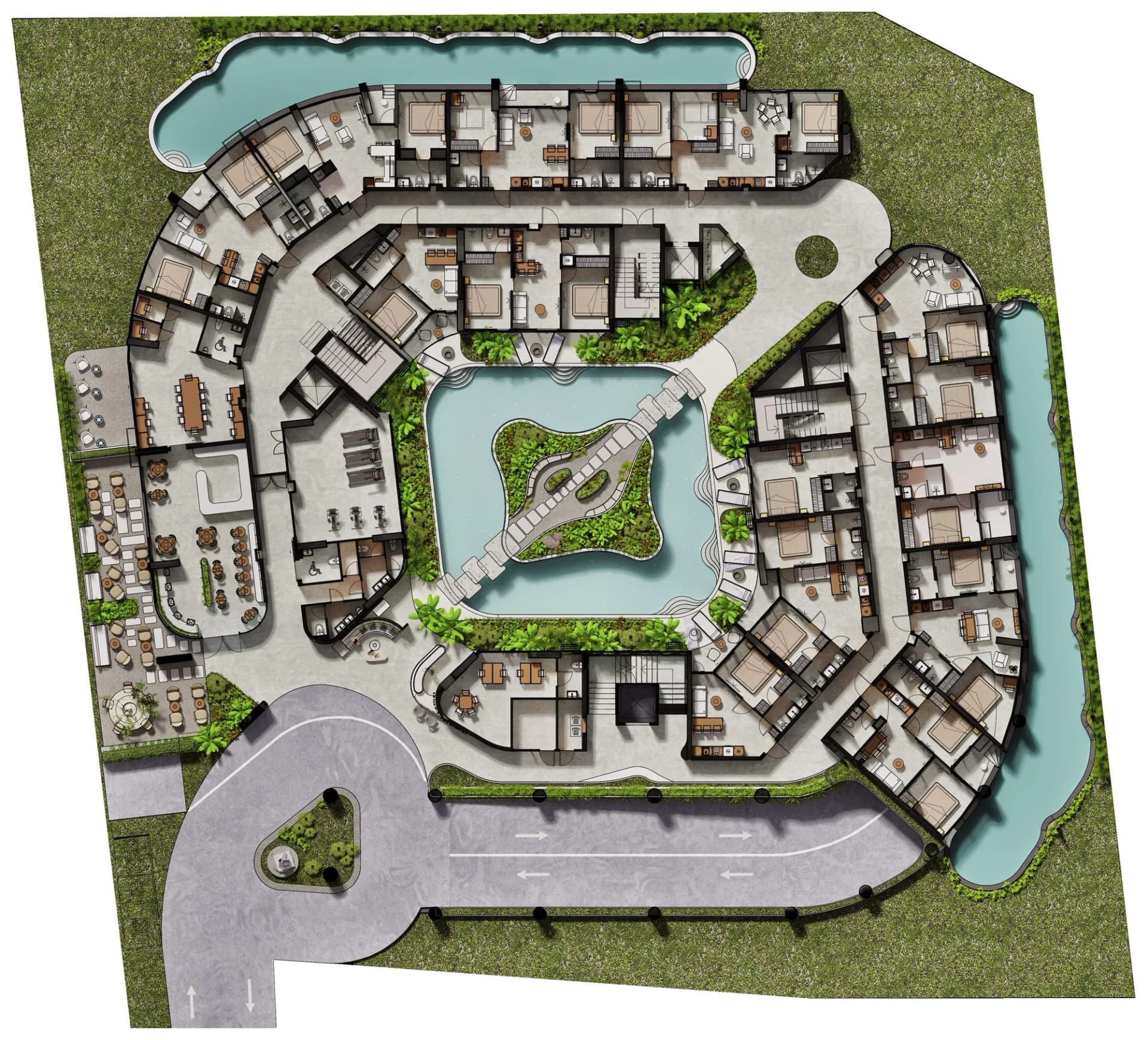 Landscaped ground-floor master plan: both wings, the courtyard pool with its island and bridge, perimeter pools and the entrance road