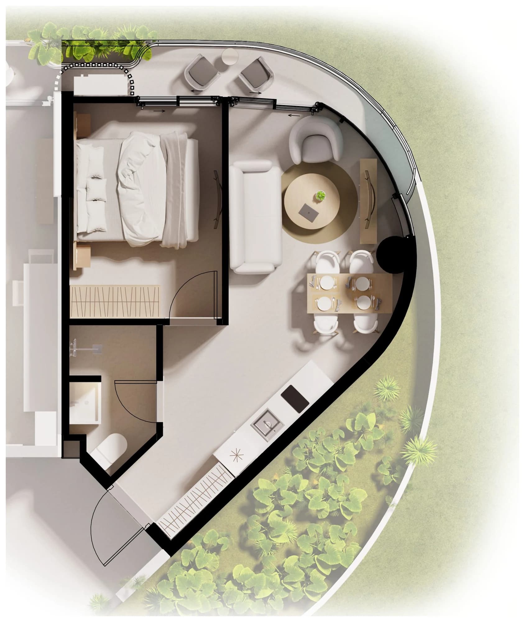 Rzut apartamentu z jedną sypialnią: osobna sypialnia, salon z kuchnią i jadalnią, wygięty balkon z ogrodem